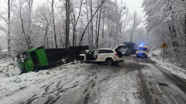 Zderzenie samochodu osobowego z ciężarówką na DW 408. Droga całkowicie zablokowana – trzy osoby trafiły do szpitala