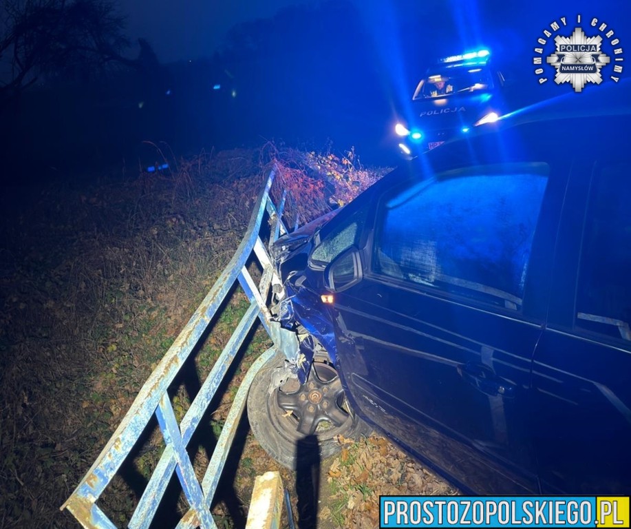 Nietrzeźwy 47-latek uderzył w bariery i próbował uciec pieszo. Policjanci szybko go zatrzymali – źródło: KPP w Namysłowie