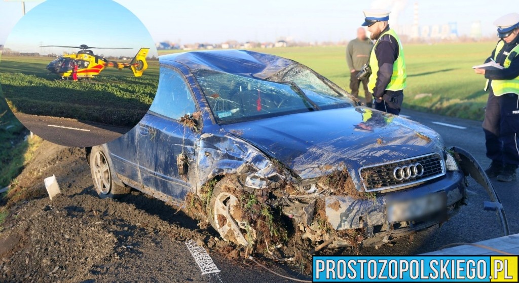 Wypadek na ul. Opolskiej w Opolu-Sławicach. Audi dachowało – trzy osoby poszkodowane