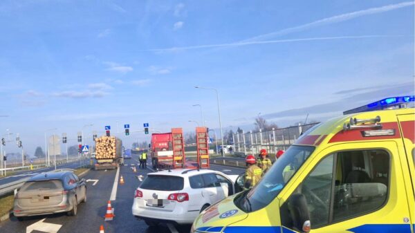 Wypadek drogowy na DK46 w Strobicach. Kierująca autem najechała w tył ciężarówki – jedna osoba zabrana do szpitala