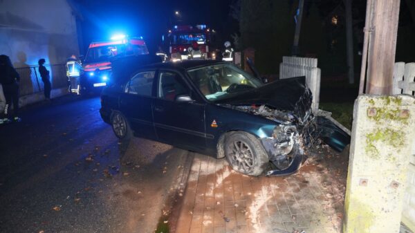 Wypadek w Domecku na ul. Opolskiej. Auto wpadło w poślizg i przebiło ogrodzenie
