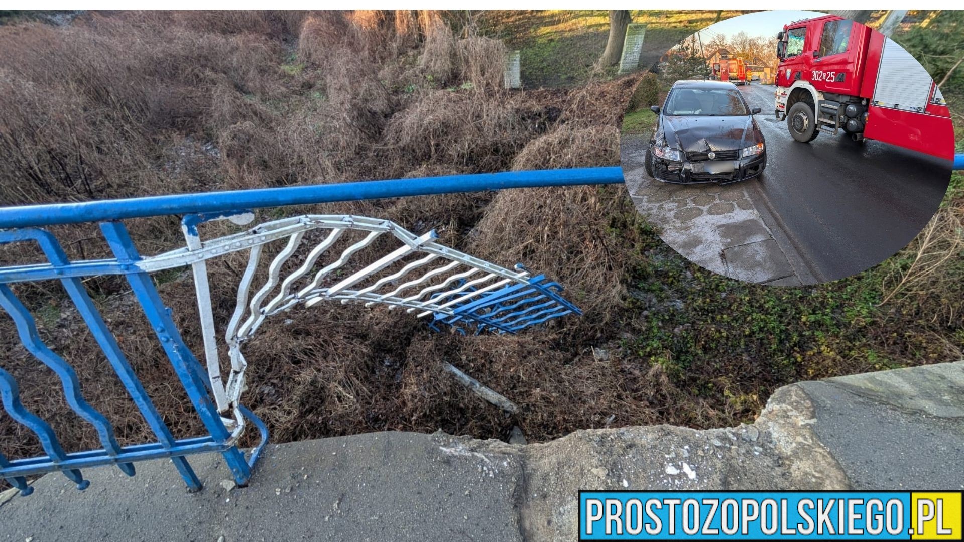 Wypadek na ul. Opolskiej w Luboszycach. Auto uderzyło w barierki mostu