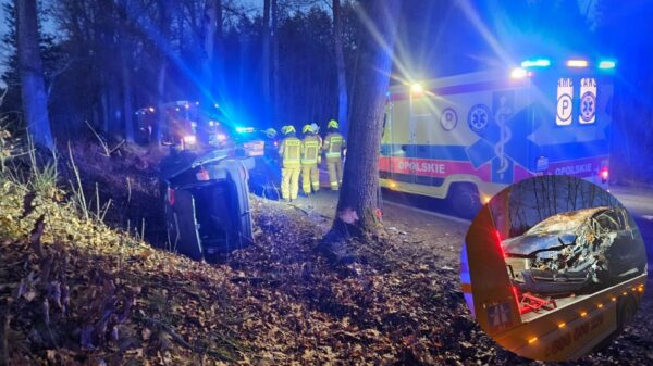 Dachowanie między Kup a Murowem! Auto uderzyło w drzewa, w środku dwoje dzieci