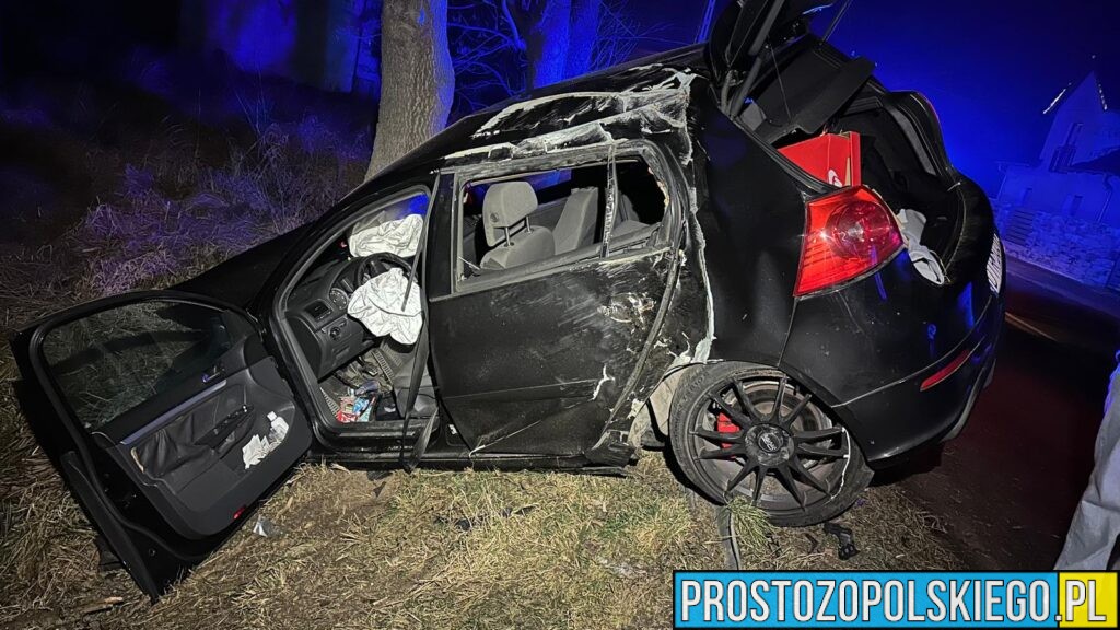 Wypadek drogowy w Popielowie. Auto uderzyło w bariery i drzewo