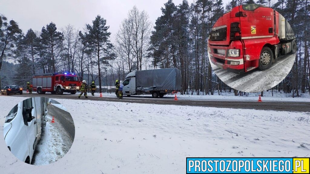 Kolizja busa z ciężarówką na DW 454 między Kupem a Dobrzeniem Wielkim