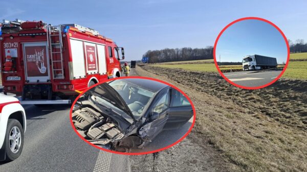 Zderzenie samochodu osobowego z ciężarówką na DK46 pod Niemodlinem. Droga w kierunku Opola zablokowana (WIDEO)