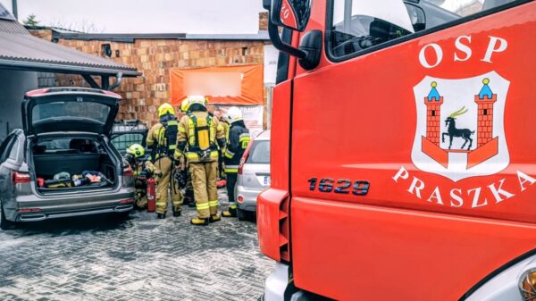 Pożar samochodu w Strojcu. Audi stanęło w ogniu na terenie warsztatu