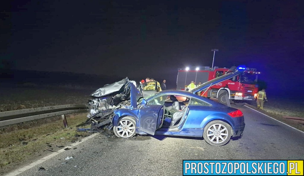 Czołowe zderzenie na DK94 w Strzelnikach. Dwóch kierowców rannych, droga była zablokowana