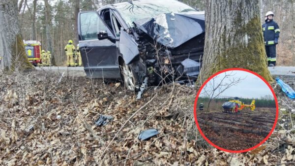 Groźny wypadek pod Grabczokiem. Samochód uderzył w drzewo, dziecko zabrał śmigłowiec LPR a kobieta karetką