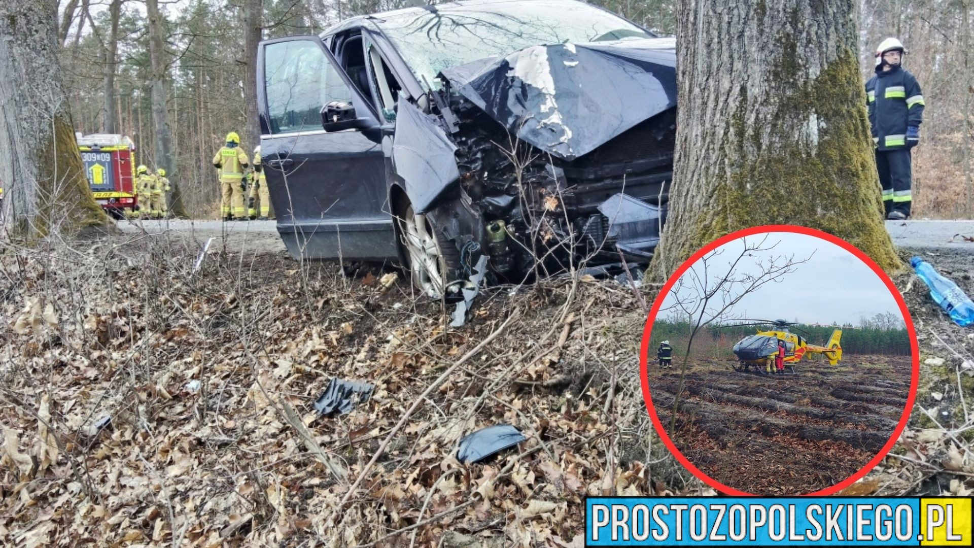 Groźny wypadek pod Grabczokiem. Samochód uderzył w drzewo, dziecko zabrał śmigłowiec LPR a kobieta karetką