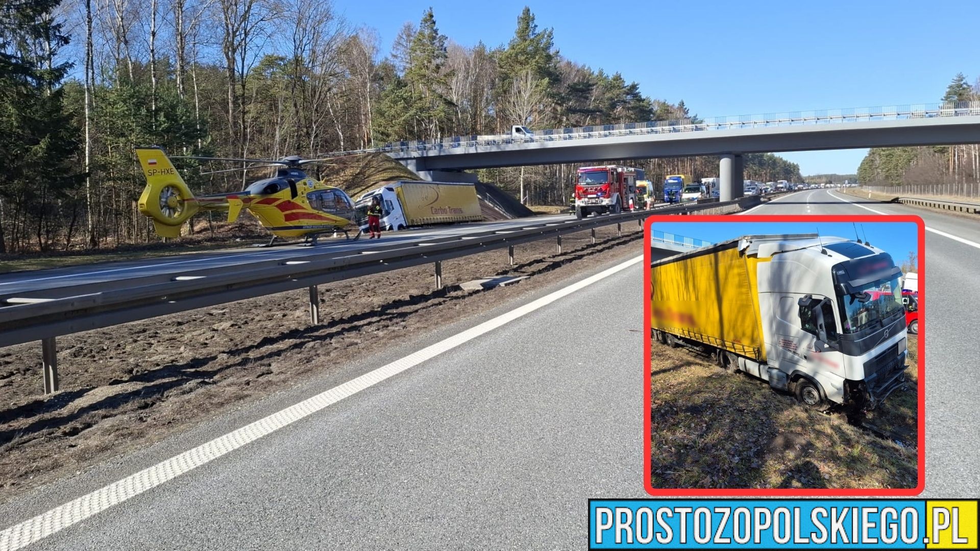 Wypadek ciężarówki na&nbsp;autostradzie A4. Lądował śmigłowiec LPR, droga była zablokowana