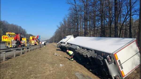 TIR wpadł do rowu na autostradzie A4 pod Opolem. Nocna akcja służb