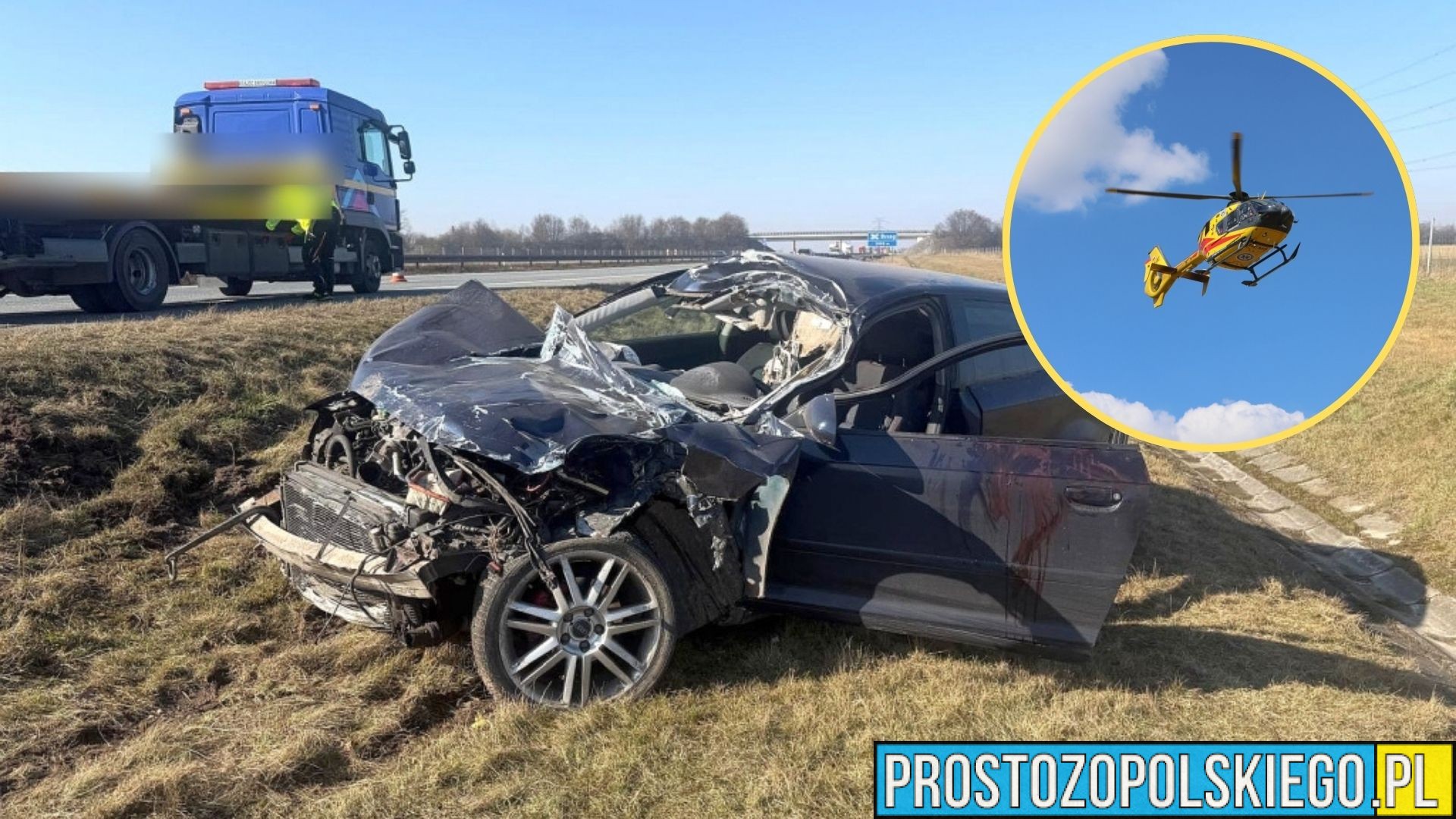 Groźny wypadek na A4 pod Grodkowem. Auto uderzyło w ciężarówkę i dachowało, lądował śmigłowiec LPR