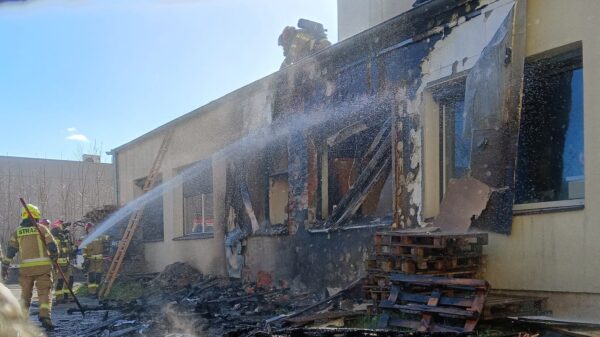 Pożar przy warsztacie samochodowym w Brzegu. Spłonęły palety, uszkodzone auta i elewacja budynku