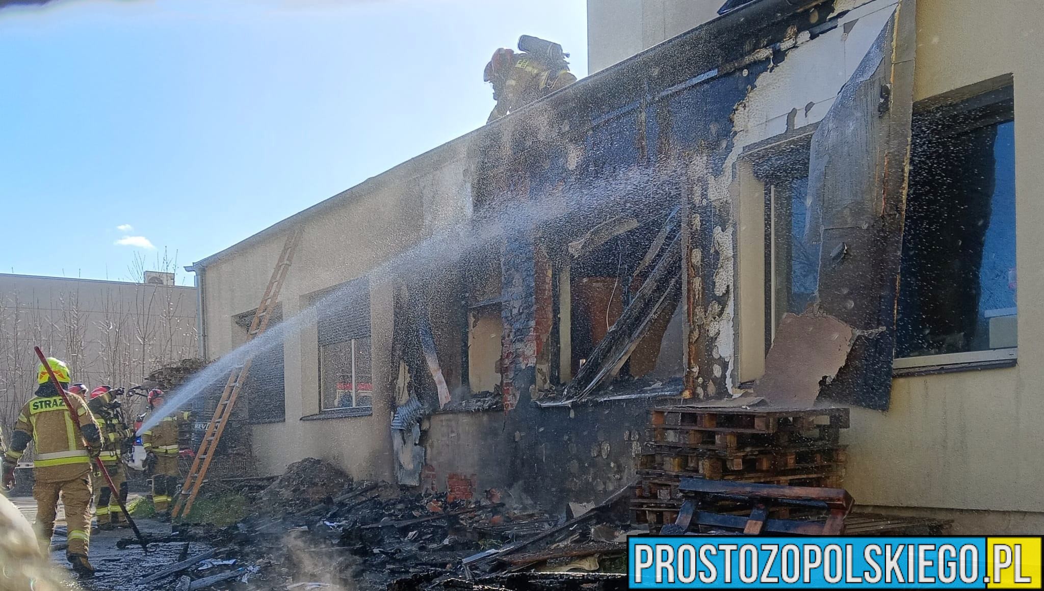 Pożar przy warsztacie samochodowym w Brzegu. Spłonęły palety, uszkodzone auta i elewacja budynku