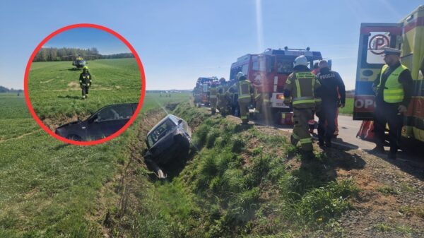 Wypadek w Grodzisku. Auto wypadło z drogi, interweniował śmigłowiec LPR