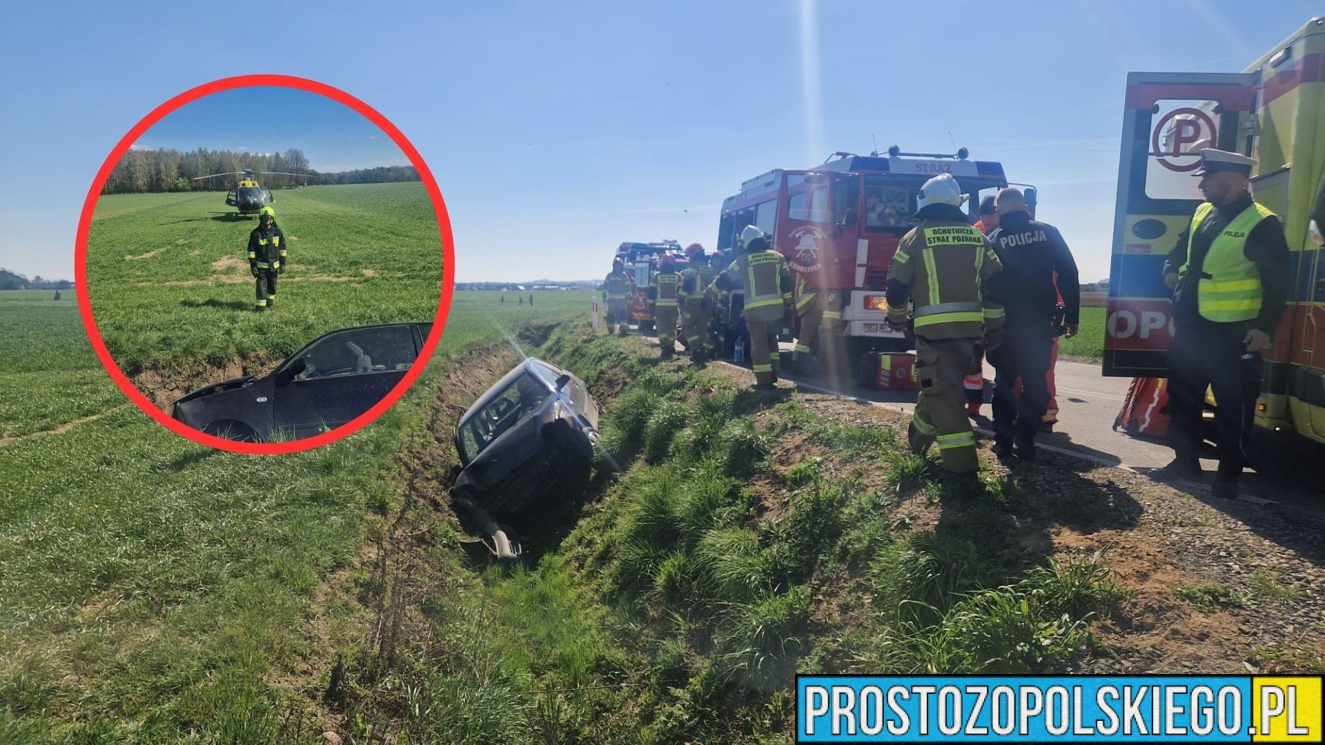 Wypadek w Grodzisku. Auto wypadło z drogi, interweniował śmigłowiec LPR