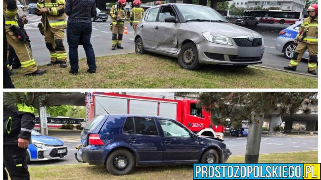 Kolizja na dużym rondzie w Opolu. Świadek użył gaśnicy, myśląc że pali się Volkswagen