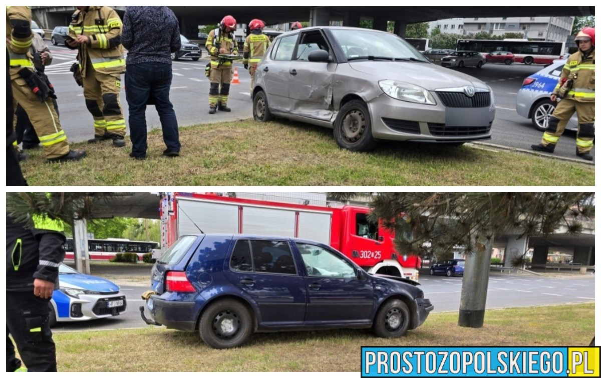 Kolizja na dużym rondzie w Opolu. Świadek użył gaśnicy, myśląc że pali się Volkswagen