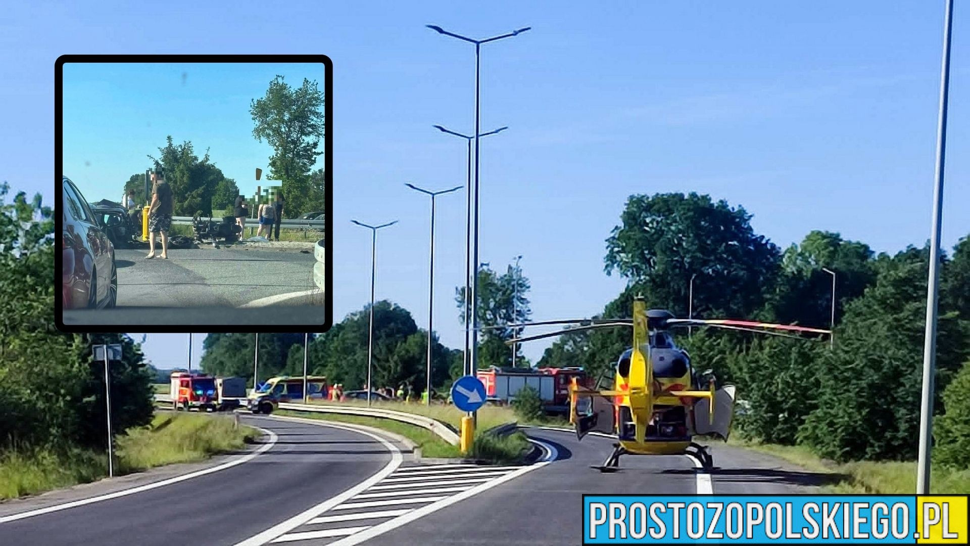Poważny wypadek na DK45. Motocyklista w ciężkim stanie, lądował śmigłowiec LPR
