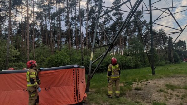 Mężczyzna wszedł na słup wysokiego napięcia w Namysłowie. Na miejscu straż pożarna, pogotowie i policja