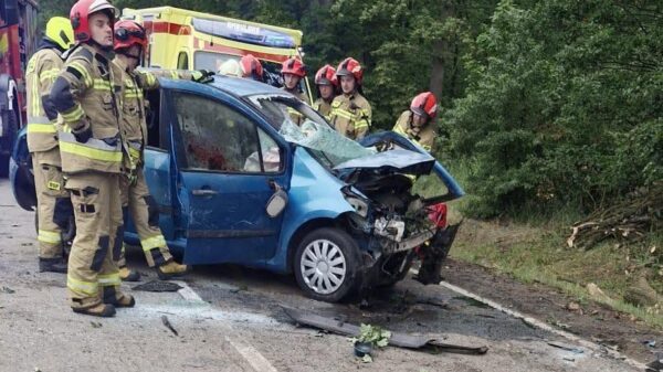 Groźny wypadek na DK42 w Markotowie Małym. Kierowca zakleszczony w rozbitym aucie