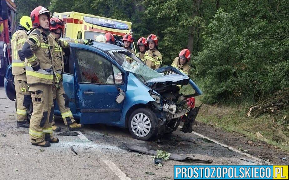 Groźny wypadek na DK42 w Markotowie Małym. Kierowca zakleszczony w rozbitym aucie