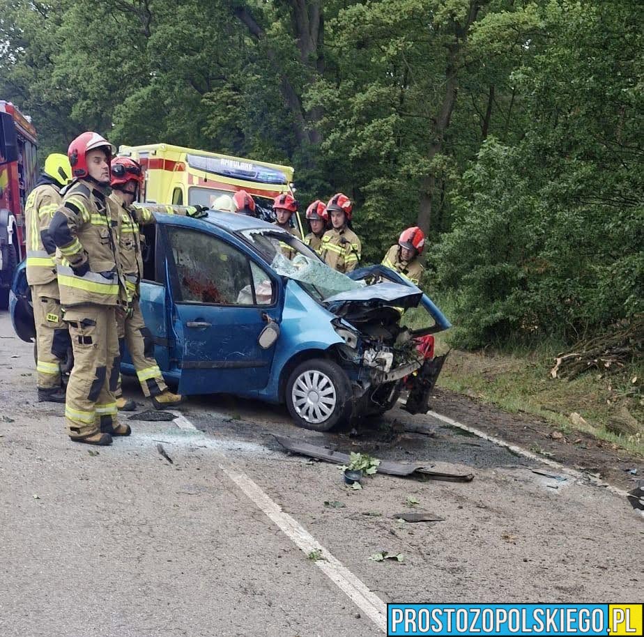 Groźny wypadek na DK42 w Markotowie Małym. Kierowca zakleszczony w rozbitym aucie