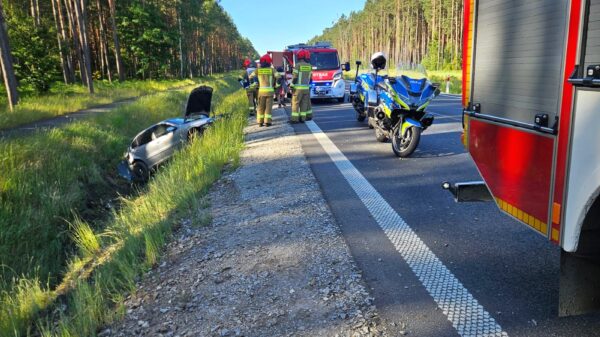 Wypadek na DK45 w Bierdzanach. Seat uderzył w bariery i wpadł do rowu