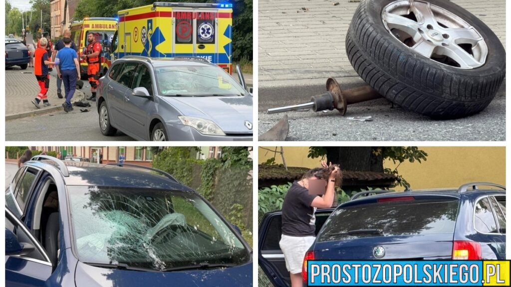 Zderzenie dwóch samochodów na Alei Przyjaźni w Opolu. Siła uderzenia wyrwała koło z zawieszeniem