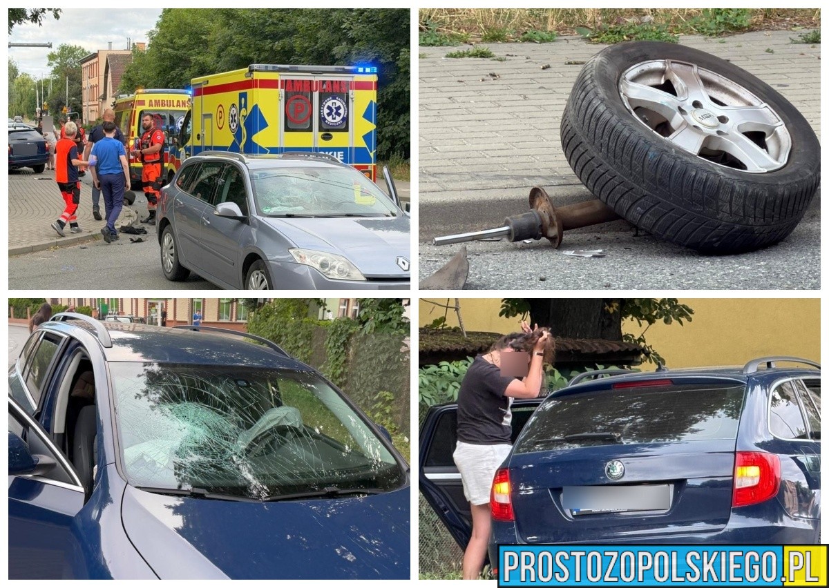 Zderzenie dwóch samochodów na Alei Przyjaźni w Opolu. Siła uderzenia wyrwała koło z zawieszeniem