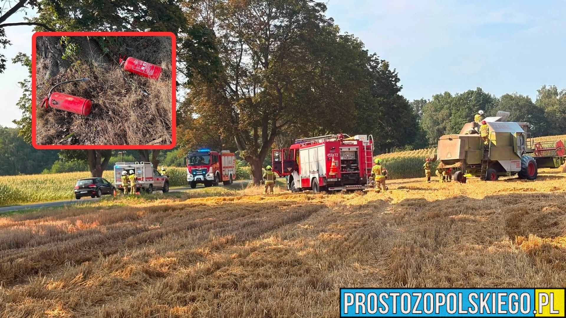 Pożar kombajnu między Biestrzykowicami a Jastrzębiem. Szybka reakcja zapobiegła rozprzestrzenieniu ognia