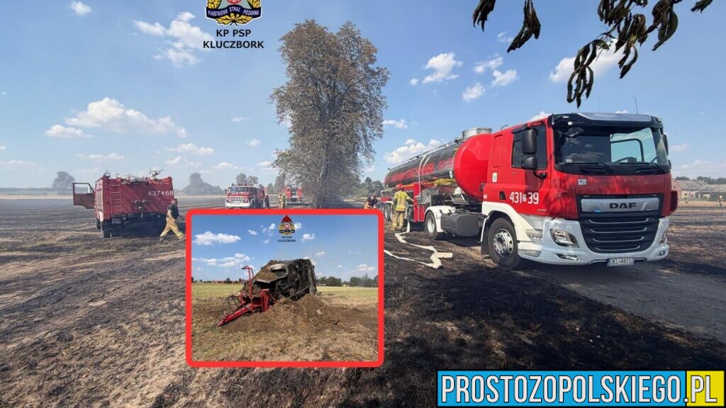 Pożar prasy rolniczej w Krzywiczynach. Ogień zagrażał pobliskim budynkom