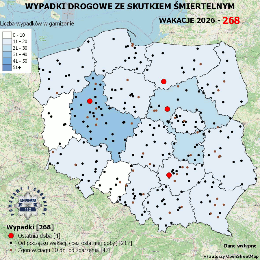 268 śmiertelnych wypadków podczas wakacji. Policja pokazuje mapę tragedii na polskich drogach