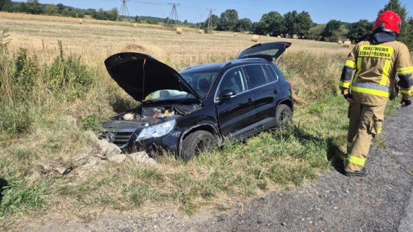 Zderzenie dwóch samochodów w Ligocie Tułowickiej. Jedno auto wylądowało w rowie