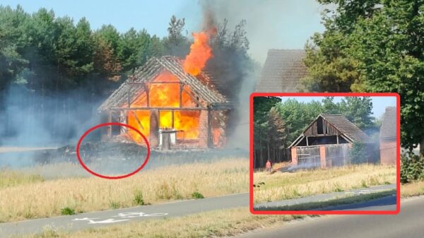 Groźny pożar przy ul. Brzeskiej w Popielowie. Zagrożone są pobliskie zabudowania