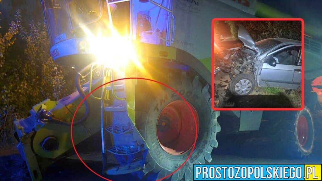 Czołowe zderzenie Hyundaia z kombajnem pod Grodkowem. Kierowca był pod wpływem alkoholu
