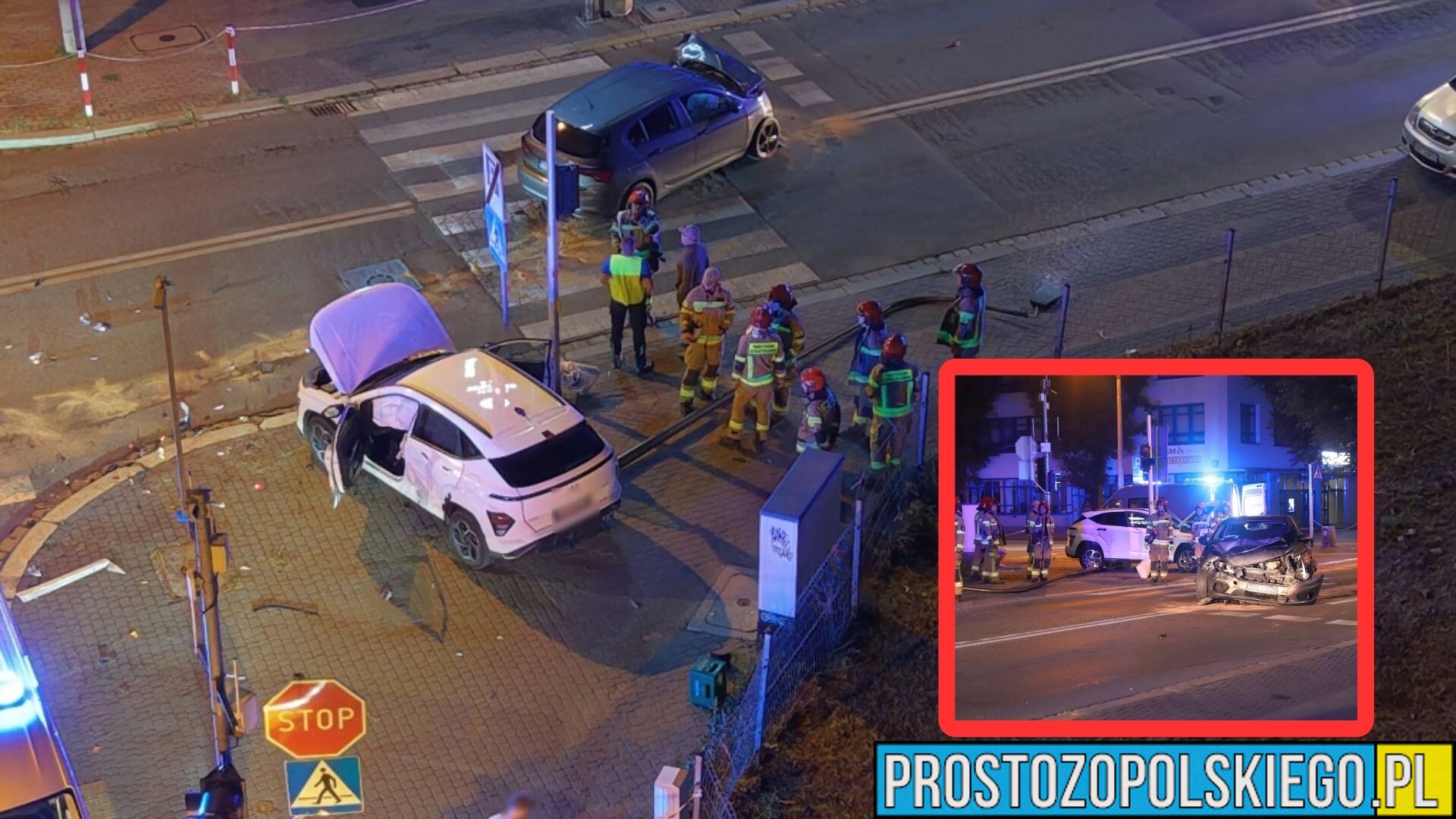 Groźny wypadek w Opolu. Samochód uderzył w latarnię i zatrzymał się na chodniku