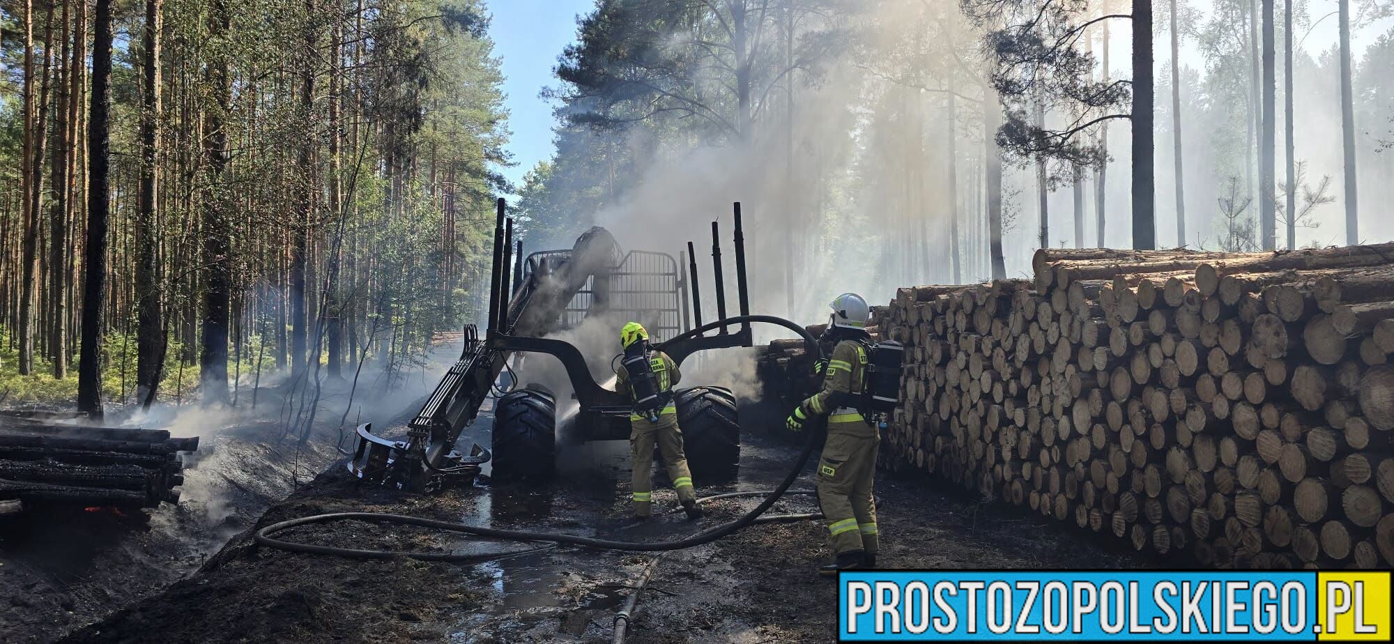 Pożar maszyny leśnej w Dąbrówce Dolnej. Ogień objął także poszycie lasu