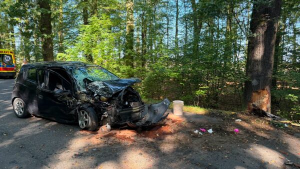 Poważny wypadek w Korfantowie. Samochód uderzył w drzewo, jedna osoba poszkodowana