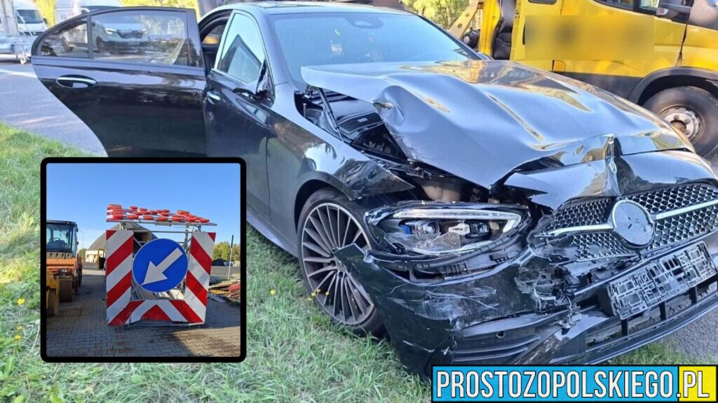 Mercedes uderzył w przyczepę służb drogowych na A4. W aucie była kobieta z dwójką dzieci