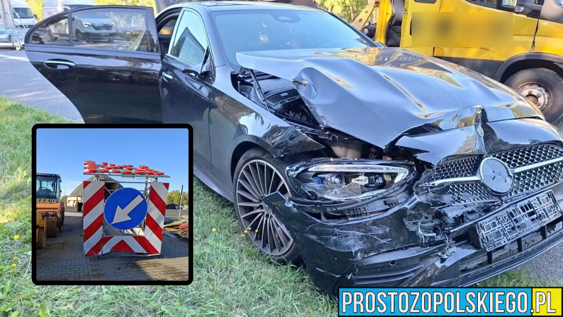 Mercedes uderzył w przyczepę służb drogowych na A4. W aucie była kobieta z dwójką dzieci