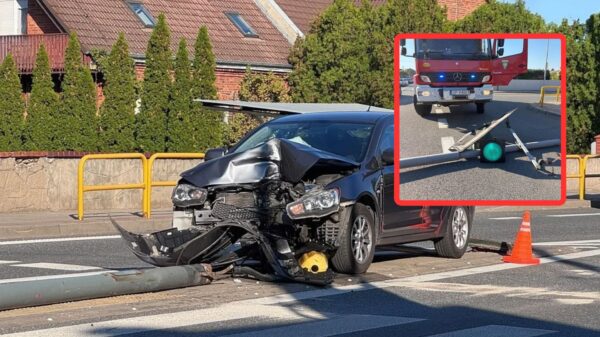Mitsubishi uderzyło w sygnalizator na DK94 w Nakle. Konstrukcja przewróciła się na jezdnię