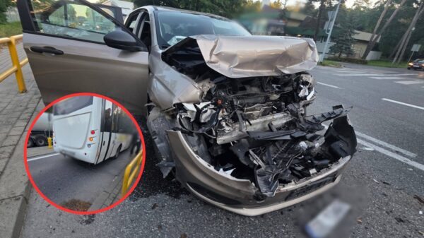 Fiat najechał na tył autobusu. Kolizja przy szpitalu w Strzelcach Opolskich