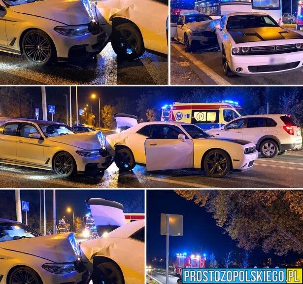 Wypadek na Krapkowickiej w Opolu. Zderzyły się BMW i Dodge Challenger