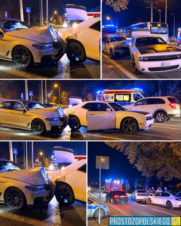 Wypadek na Krapkowickiej w Opolu. Zderzyły się BMW i Dodge Challenger