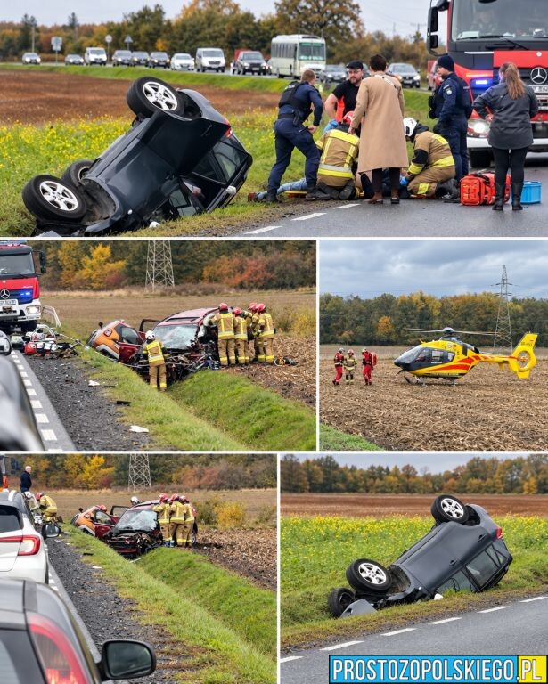 Poważny wypadek na DW 385 Grodków – Kopice. Zderzyły się trzy pojazdy.(WIDEO)